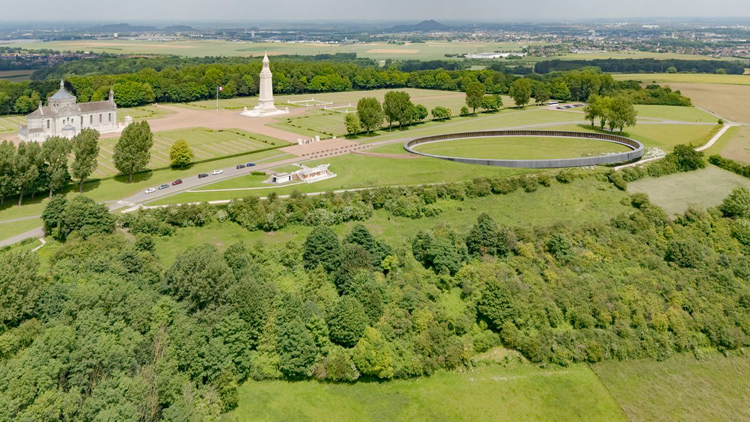 An aerial view of L'Anneau de la Memoire and Notre Dame de Lorette